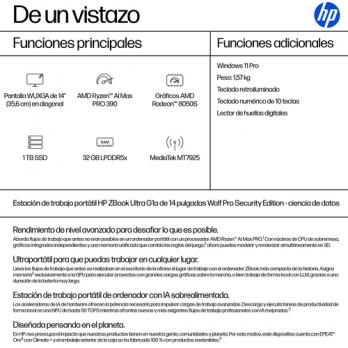 ZBook Ultra G1a Copilot+ PC AMD Ryzen AI Max PRO 390 Estación de trabajo móvil 35,6 cm (14") WUXGA 32 GB LPDDR5x-SDRAM 1 TB SSD 