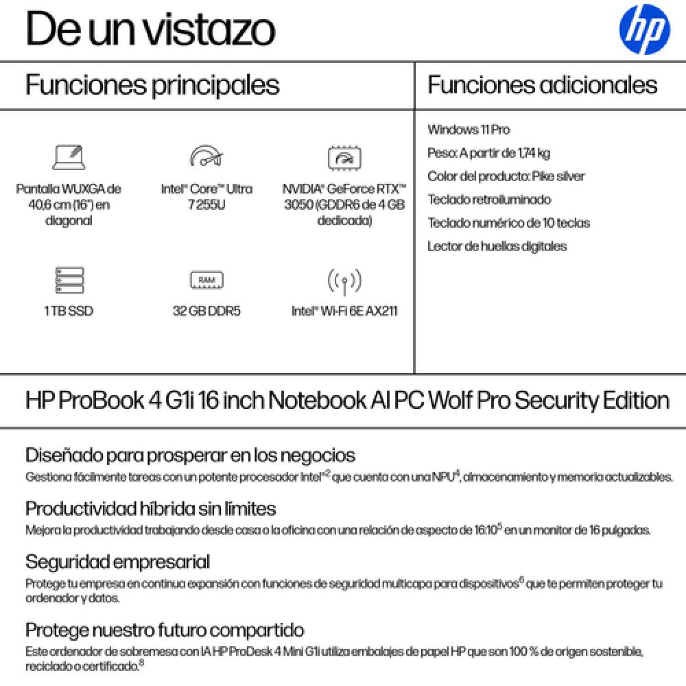 ProBook 4 G1i AI Wolf Pro Security Edition Intel Core Ultra 7 255U Portátil 40,6 cm (16") WUXGA 32 GB DDR5-SDRAM 1 TB SSD Wi-Fi 