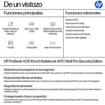 ProBook 4 G1i AI Wolf Pro Security Edition Intel Core Ultra 7 255U Portátil 40,6 cm (16") WUXGA 32 GB DDR5-SDRAM 1 TB SSD Wi-Fi 