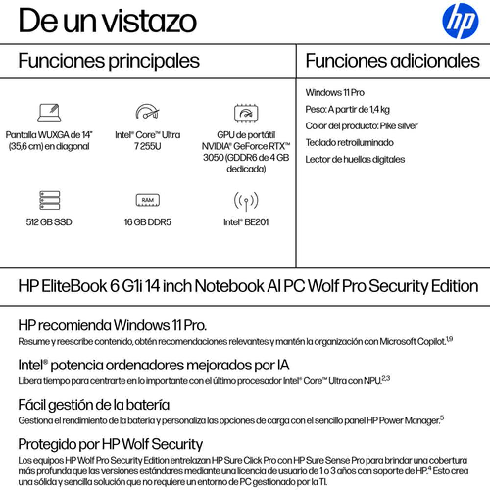EliteBook 6 G1i 14 inch Notebook AI PC Wolf Pro Security Edition Intel Core Ultra 7 255U Portátil 35,6 cm (14") WUXGA 16 GB DDR5