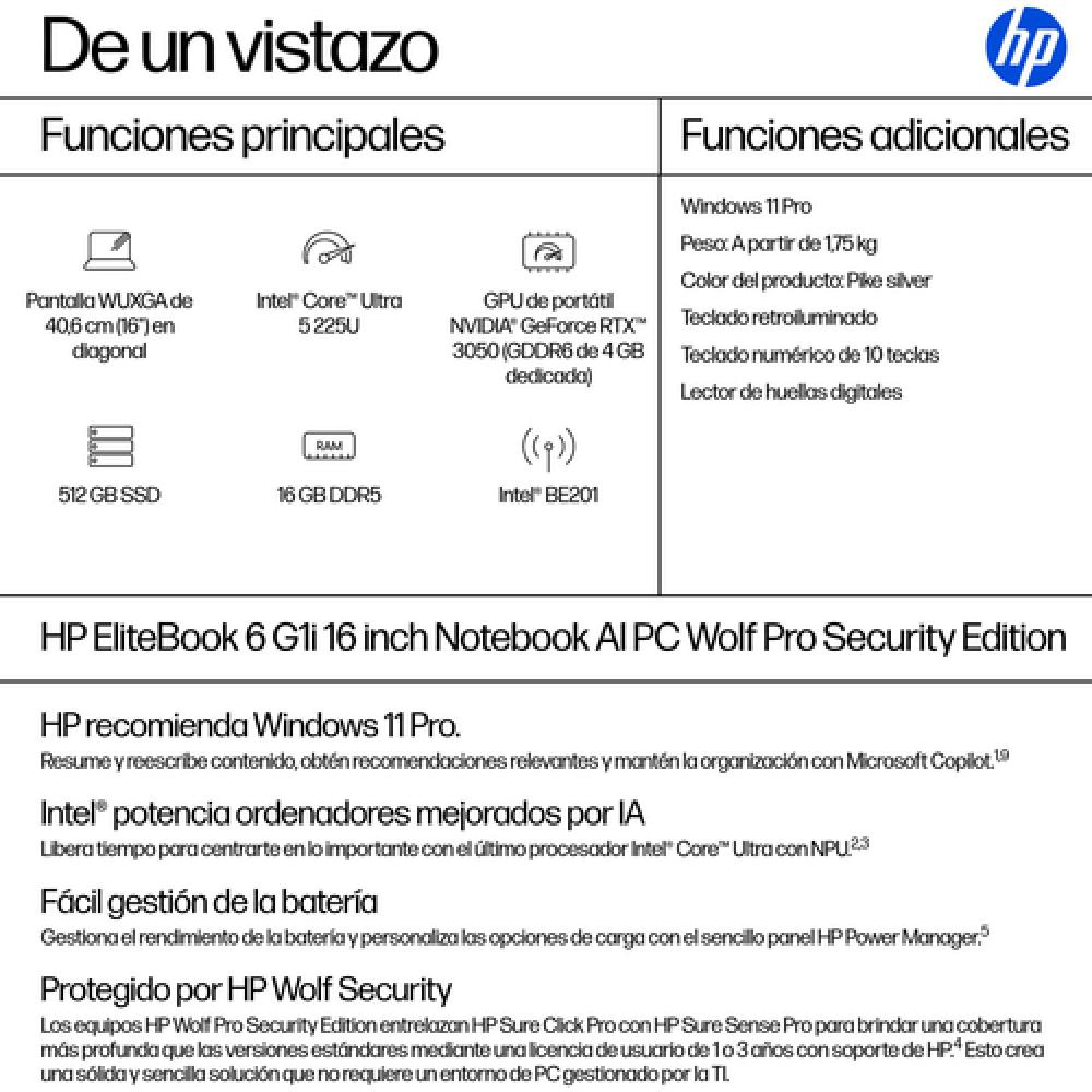 EliteBook 6 G1i Intel Core Ultra 5 225U Portátil 40,6 cm (16") WUXGA 16 GB DDR5-SDRAM 512 GB SSD Wi-Fi 7 (802.11be) Windows 11 P