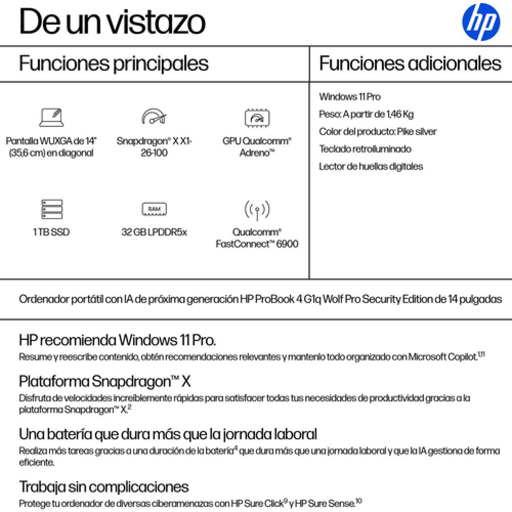 ProBook 4 G1q 14 inch Notebook Next Gen AI PC Wolf Pro Security Edition Copilot+ PC Snapdragon X1-26-100 Portátil 35,6 cm (14") 