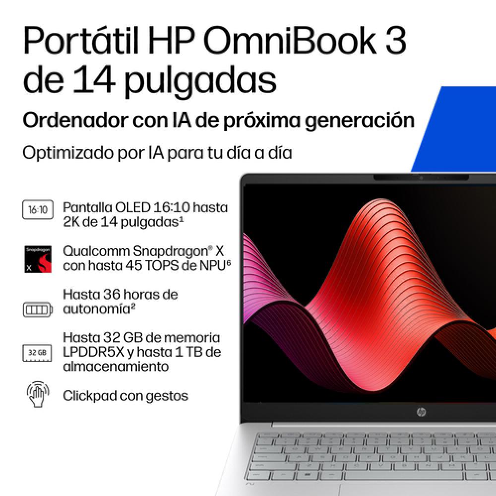 OmniBook 3 Laptop Next Gen AI 14-hz0005nsx Copilot+ PC Snapdragon X1-26-100 Portátil 35,6 cm (14") 2K 16 GB LPDDR5x-SDRAM 512 GB