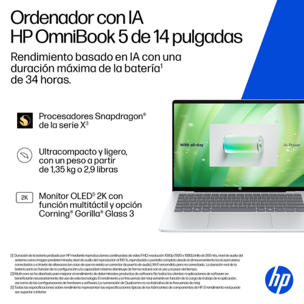 OmniBook 5 Laptop Next Gen AI 14-he0001nsx Copilot+ PC Snapdragon X1-26-100 Portátil 35,6 cm (14") 2K 16 GB LPDDR5x-SDRAM 512 GB