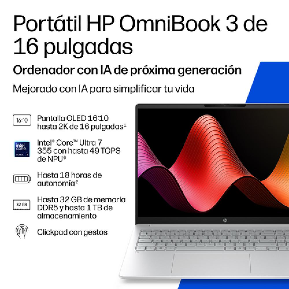 OmniBook 3 Laptop Next Gen AI 16-bs0012ns Copilot+ PC Intel Core Ultra 7 Portátil 40,6 cm (16") 2K 24 GB DDR5-SDRAM 1 TB SSD Wi-