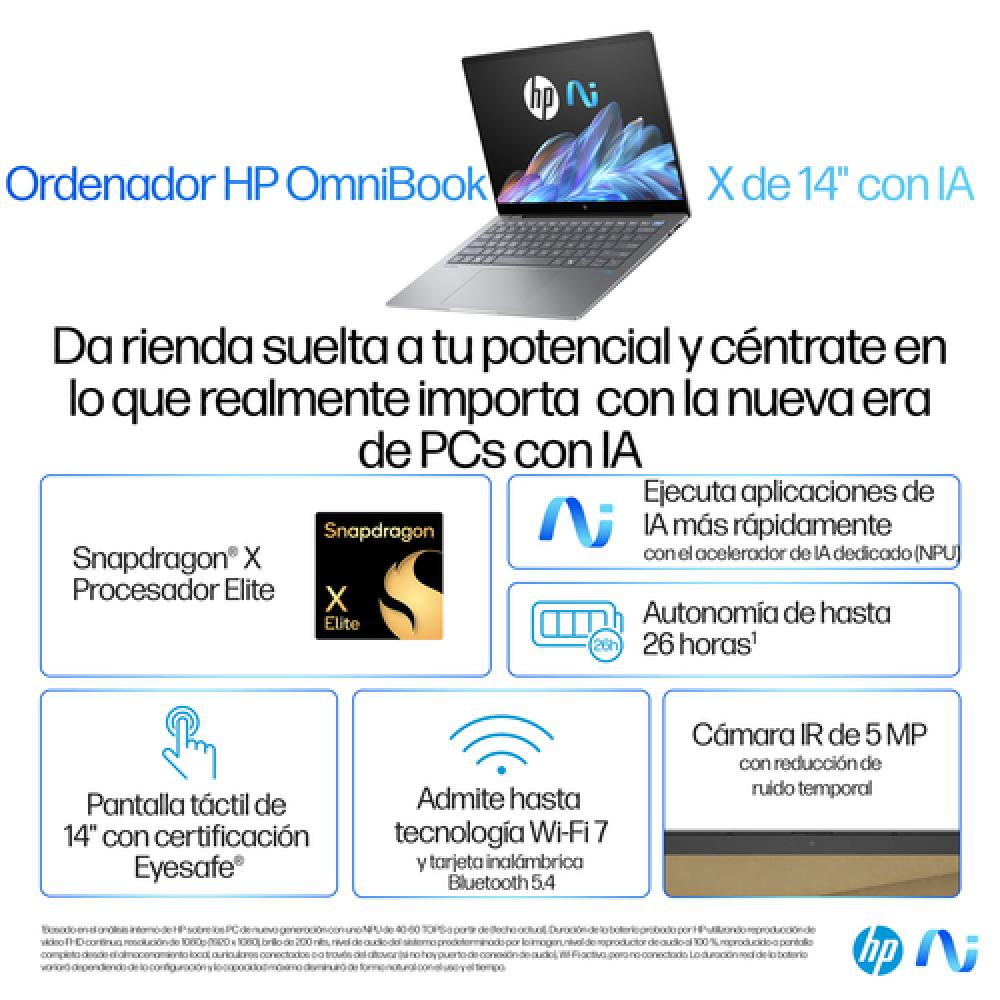 OmniBook X 14-fe0006ns Copilot+ PC Snapdragon X1E-78-100 Portátil 35,6 cm (14") Pantalla táctil 2.2K 16 GB LPDDR5x-SDRAM 1 TB SS