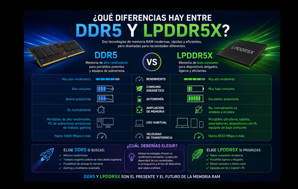 ¿Qué diferencias hay entre la memoria DDR5 y LPDDR5X? Guía completa