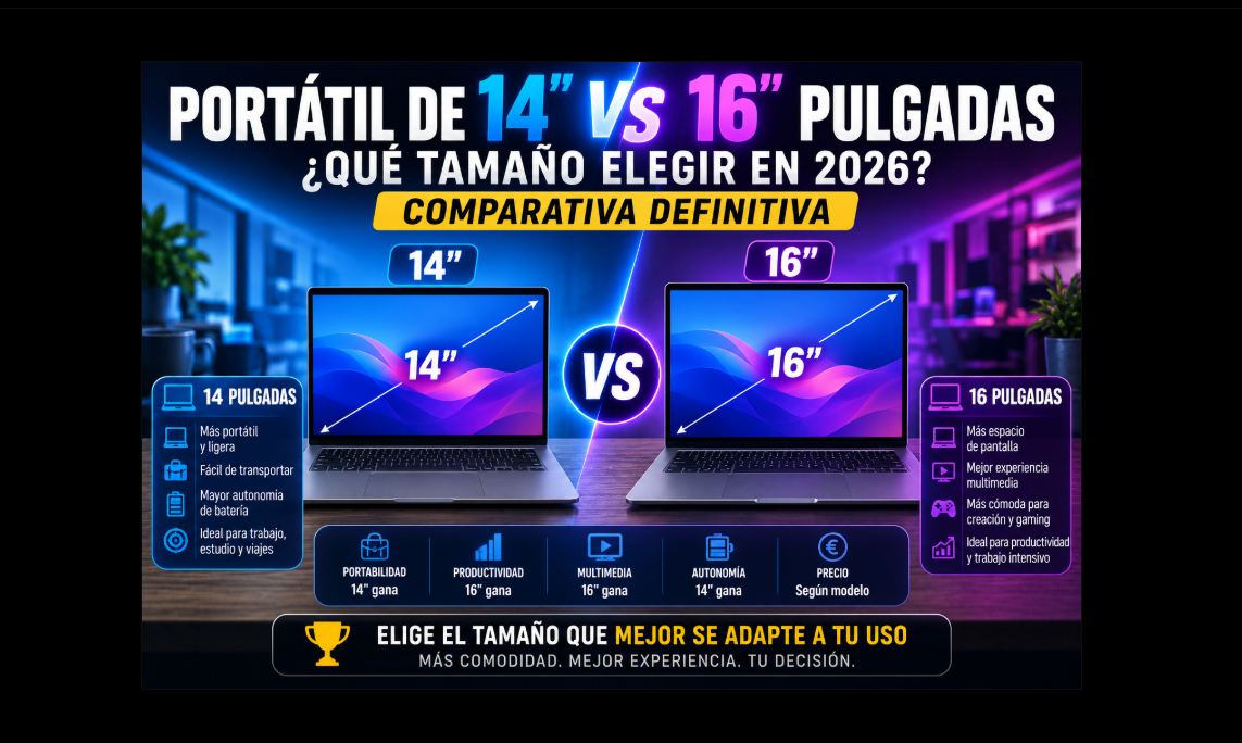 portátil de 14" vs 16": ¿Qué tamaño elegir en 2026?
