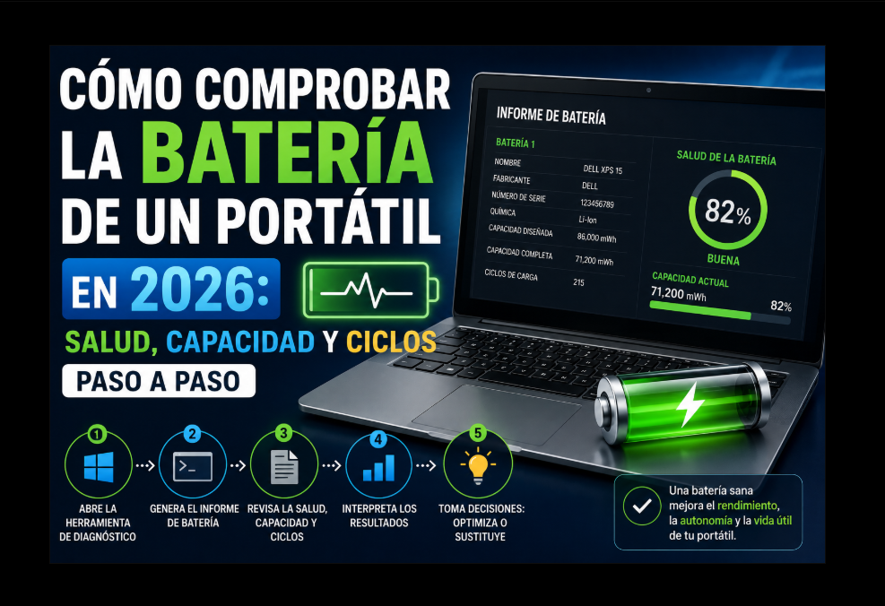 Cómo comprobar la batería de un portátil en 2026: salud, capacidad y ciclos paso a paso