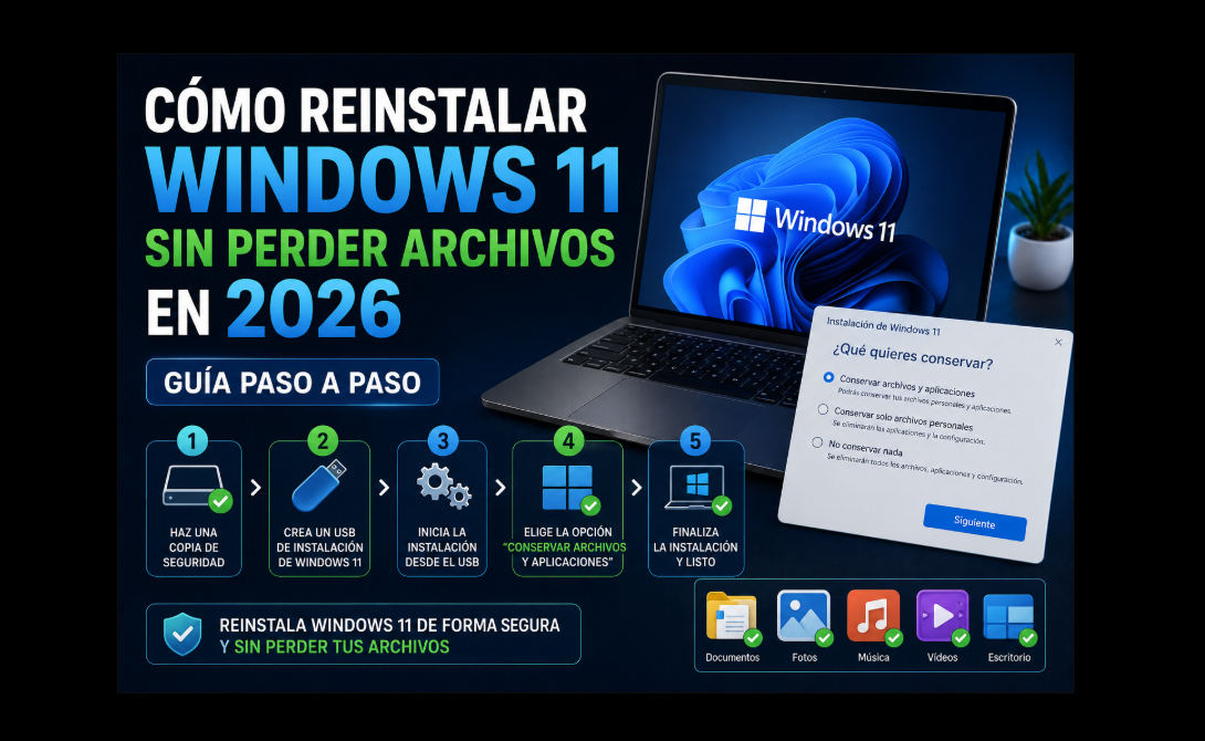 Cómo reinstalar Windows 11 sin perder archivos en 2026: guía paso a paso