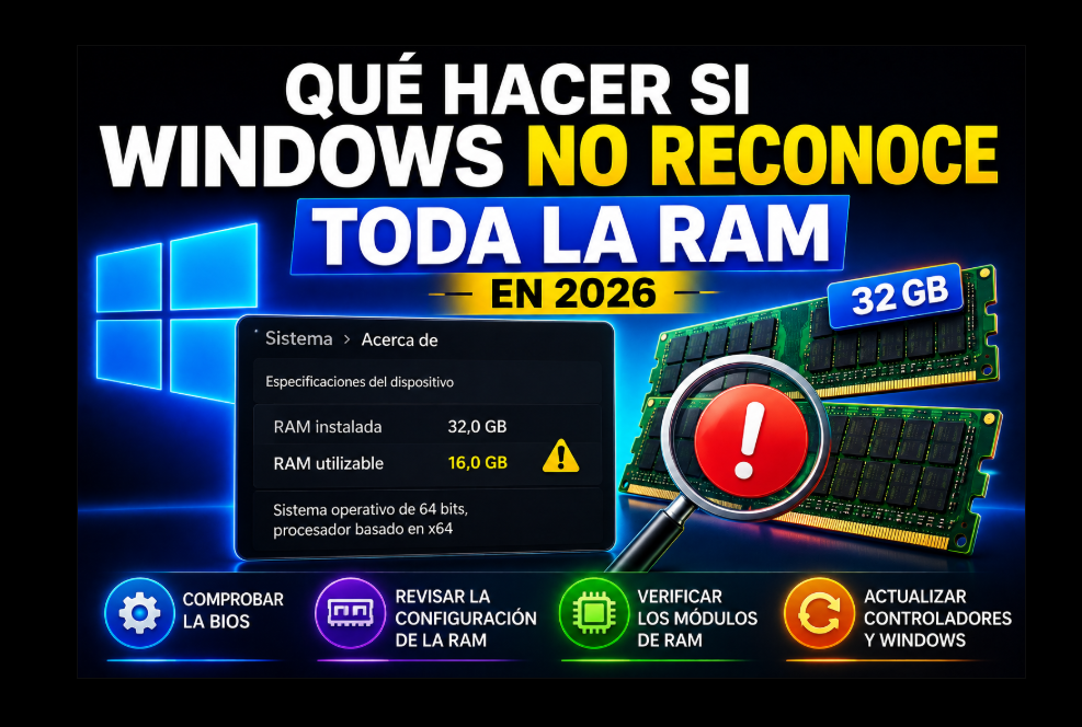 Qué hacer si Windows no reconoce toda la RAM en 2026