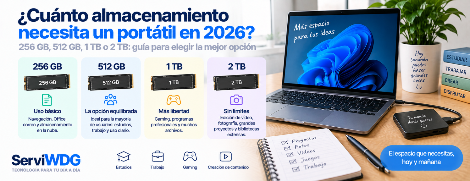 ¿Cuánto almacenamiento necesita un portátil en 2026? 256 GB, 512 GB, 1 TB o 2 TB