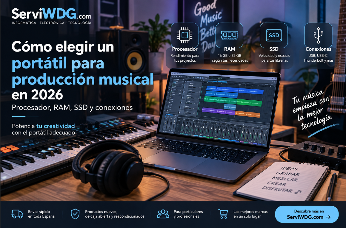 Cómo elegir un portátil para producción musical en 2026: procesador, RAM, SSD y conexiones